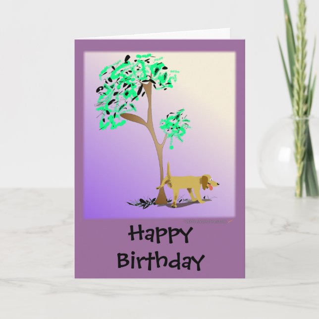 Tarjeta de cumpleaños divertida para perros y árbo (Anverso)