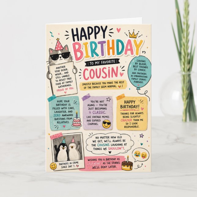 Tarjeta de cumpleaños divertida para primo, colori (Anverso)