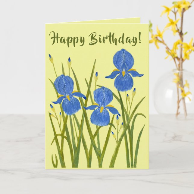 Tarjeta de cumpleaños doblada de flores de Iris (flor amarilla)