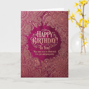 Tarjeta de cumpleaños dorada burdeos Mandala Boho