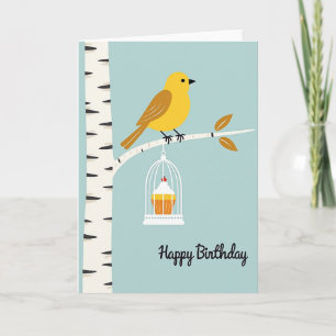 Tarjeta de cumpleaños dulce con jaula para pájaros