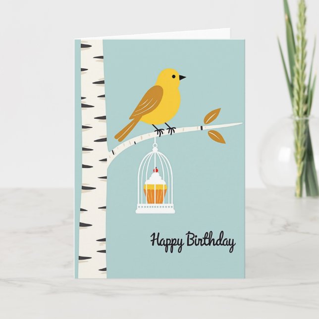 Tarjeta de cumpleaños dulce con jaula para pájaros (Anverso)