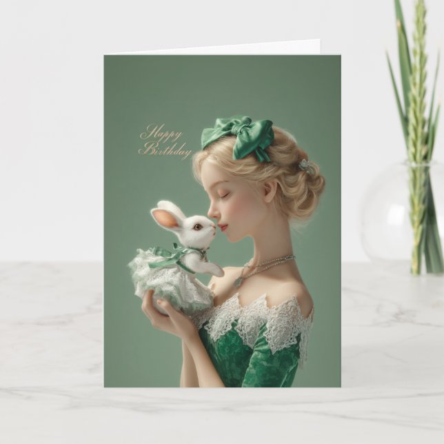 Tarjeta de cumpleaños elegante con dama y conejo b (Anverso)