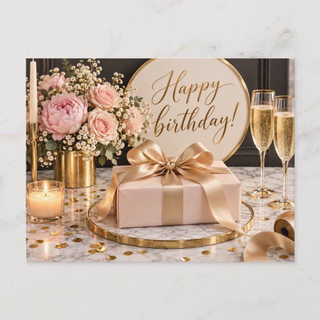 Tarjeta de cumpleaños elegante con flores rosadas  (Anverso)