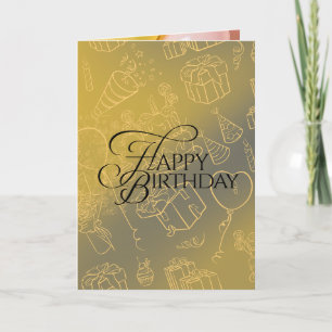 Tarjeta de cumpleaños elegante de oro con globos y