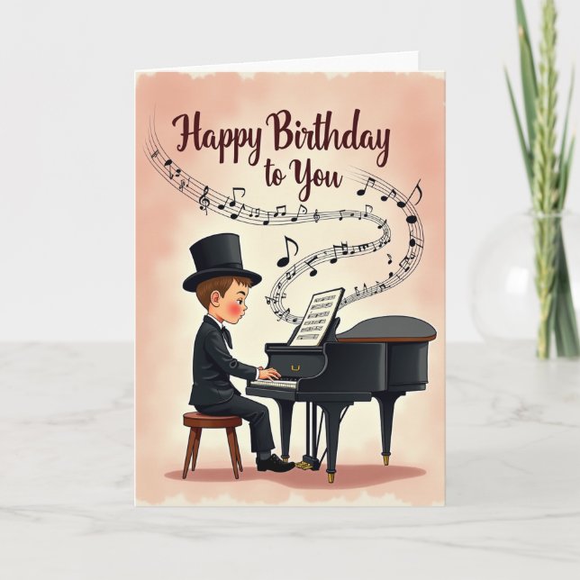 Tarjeta de cumpleaños elegante de piano para niño (Anverso)