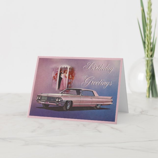 Tarjeta de cumpleaños elegante rosada de Cadillac (Anverso)