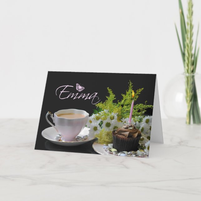 Tarjeta de cumpleaños Emma con té y flores para pa (Anverso)