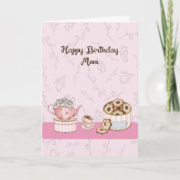 Tarjeta de cumpleaños en rosa para mamá con té y c