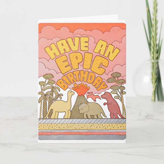 Tarjeta de cumpleaños épica de dinos con relieve (Anverso)
