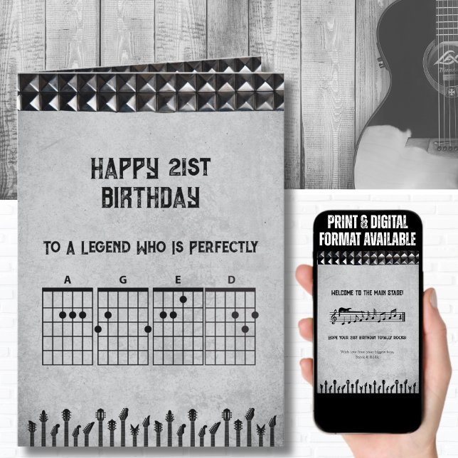 Tarjeta de cumpleaños épica de guitarra de rocksta (This custom 21st birthday card is the perfect "Main Stage" tribute for the musician in your life)