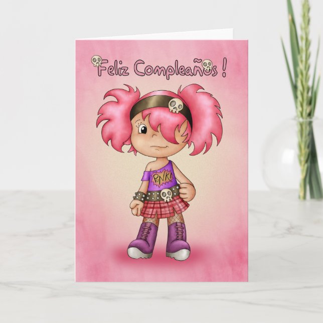 Tarjeta de cumpleaños española - Chick Cute Rock - (Anverso)