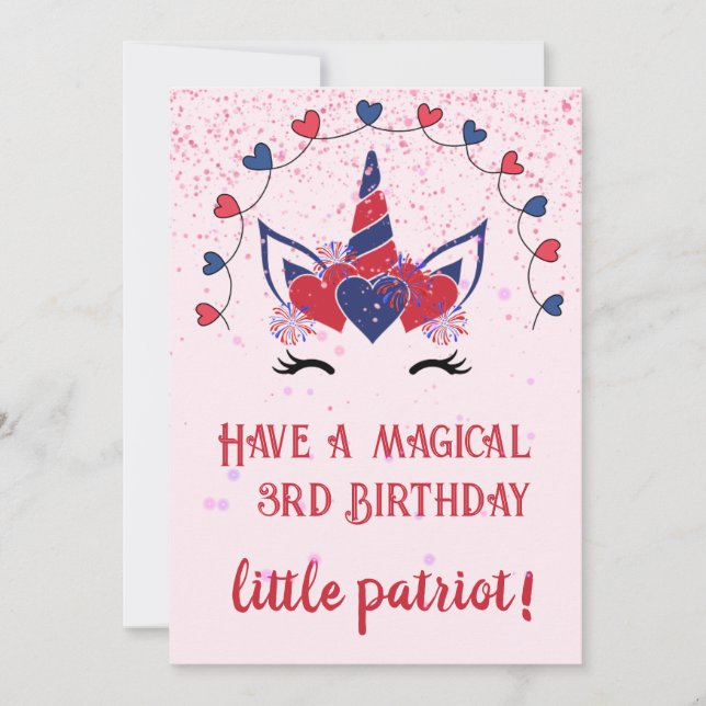 Tarjeta de cumpleaños espumoso Patriot unicorn, (Anverso)