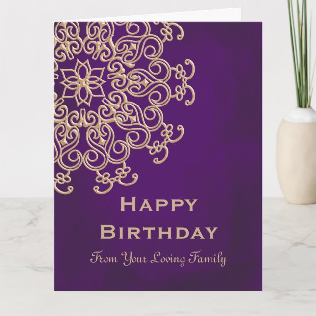 TARJETA DE CUMPLEAÑOS ESTILO INDIO MORADO Y DORADO (Anverso)