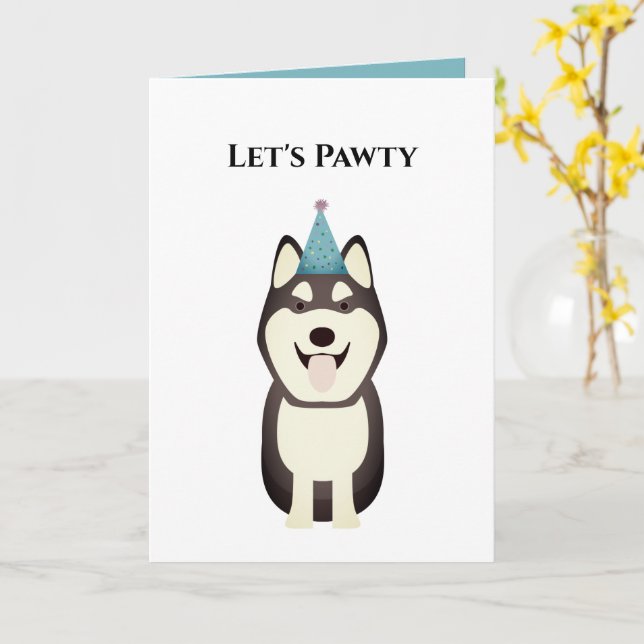 Tarjeta de cumpleaños feliz al perro, pawty Husky (flor amarilla)