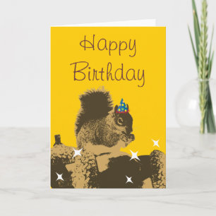 Tarjeta de cumpleaños feliz ardilla y nueces