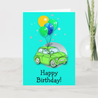 Tarjeta de cumpleaños feliz: auto y globos