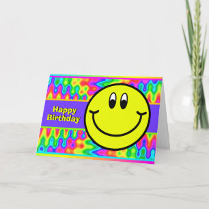 Tarjeta de cumpleaños feliz cara sonriente psicodé