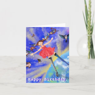 Tarjeta de cumpleaños feliz - Chica feliz con pája