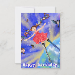 Tarjeta de cumpleaños feliz - Chica feliz con pája