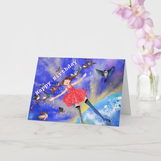 Tarjeta de cumpleaños feliz Chica feliz con pájaro (Orquídea)