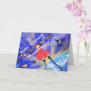 Tarjeta de cumpleaños feliz Chica feliz con pájaro