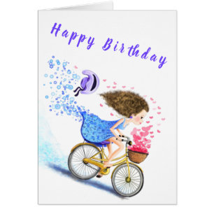 Tarjeta De Cumpleaños Feliz, Chica Joven En Bicicl