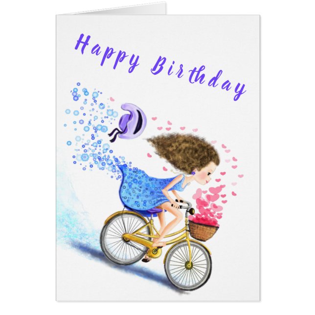 Tarjeta De Cumpleaños Feliz, Chica Joven En Bicicl (Frente)