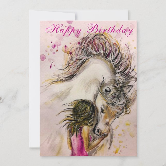 Tarjeta de cumpleaños feliz - Chica y caballo (Anverso)