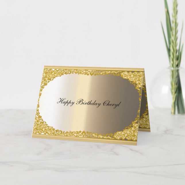Tarjeta de cumpleaños feliz con aspecto de oro y m (Anverso)