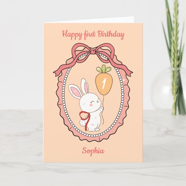 Tarjeta de cumpleaños feliz con conejo lindo y glo (Anverso)