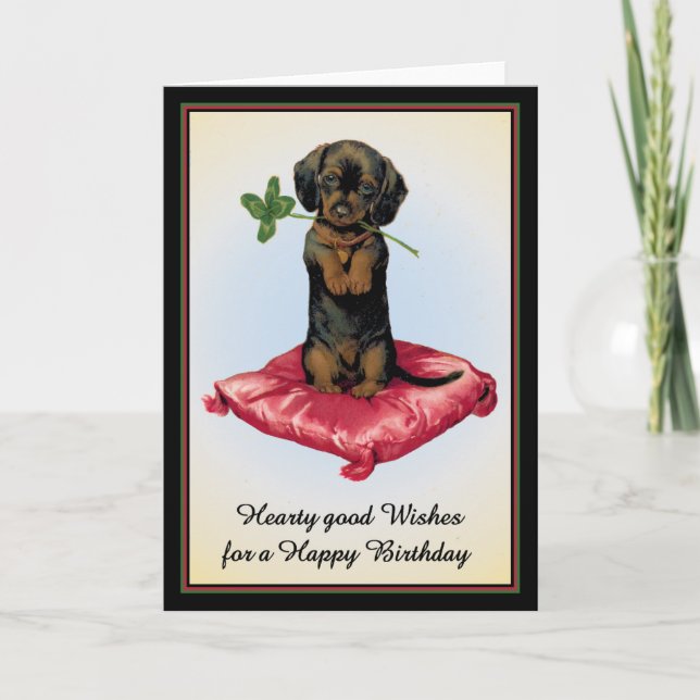 Tarjeta de cumpleaños feliz con dachshund lindo (Anverso)