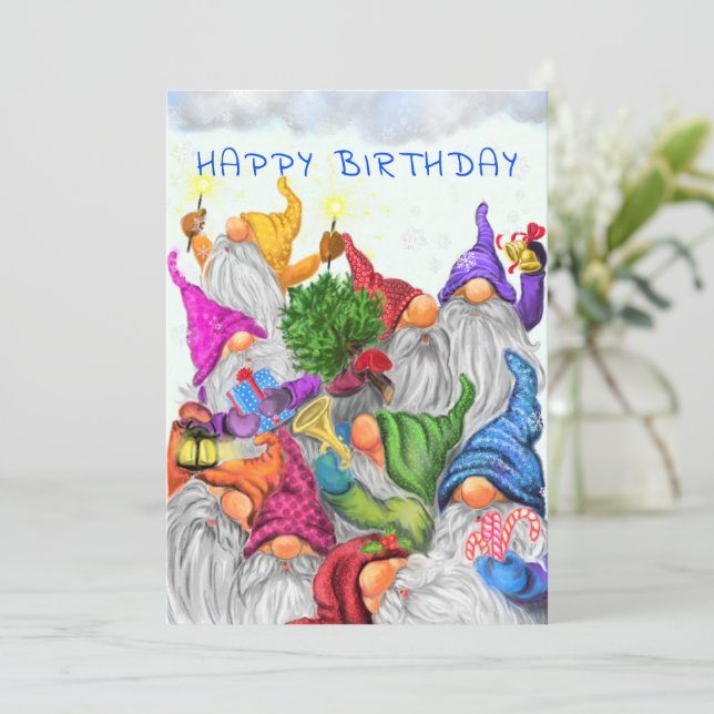 Tarjeta de cumpleaños feliz con Fiesta de Gnome (Anverso de pie)