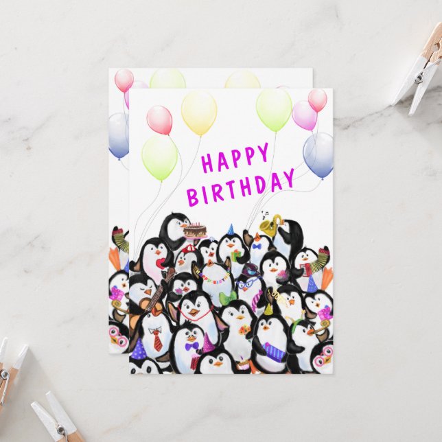Tarjeta de cumpleaños feliz con Fiesta pingüino fe (Anverso/Reverso In Situ)