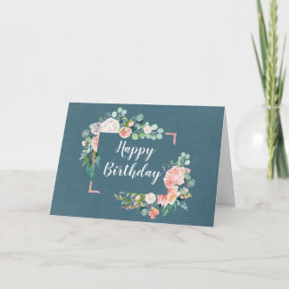 Tarjeta de cumpleaños feliz con flores verde azula