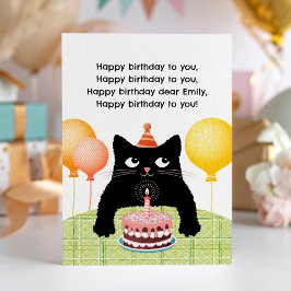 Tarjeta de cumpleaños feliz con gato, pastel y vel