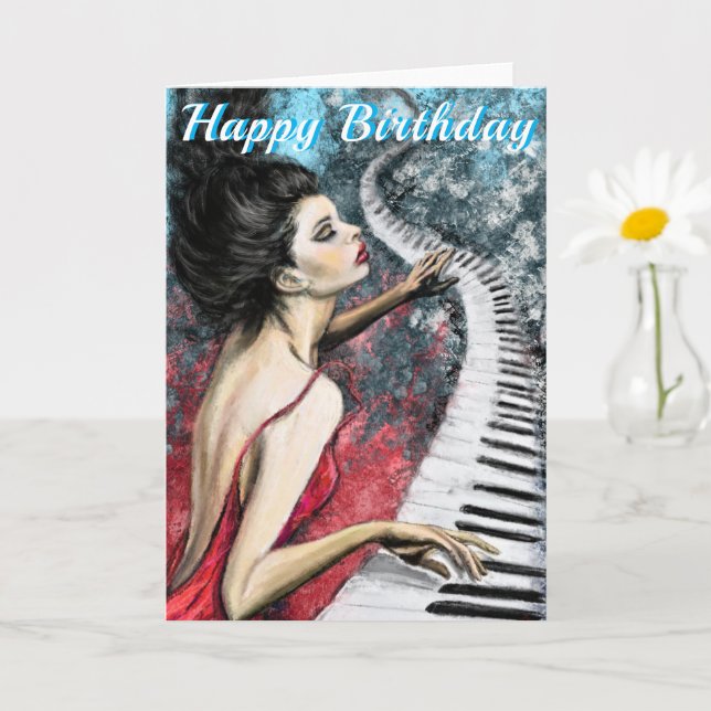 Tarjeta de cumpleaños feliz con la dama de piano e (Planta pequeña)