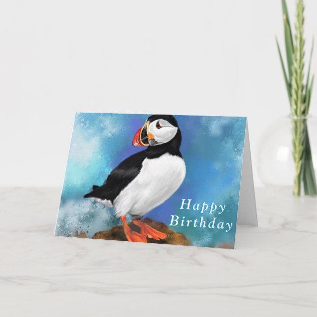 Tarjeta de cumpleaños feliz con pájaro de Puffin (Anverso)