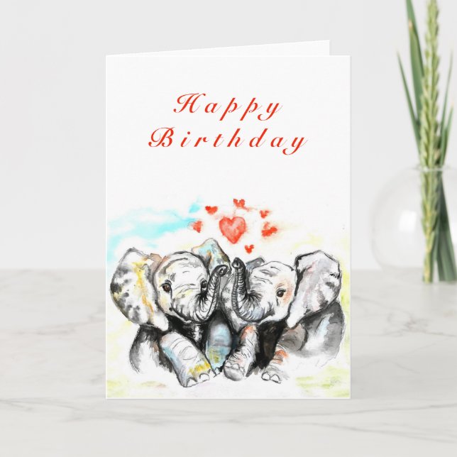 Tarjeta de cumpleaños feliz con pareja de elefante (Anverso)