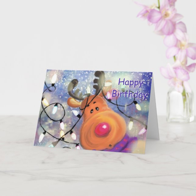 Tarjeta de cumpleaños feliz con reno feliz - Graci (Orquídea)