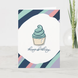 Tarjeta de cumpleaños feliz con torta y rayas