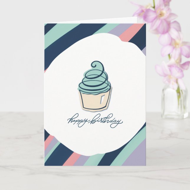 Tarjeta de cumpleaños feliz con torta y rayas (Orquídea)