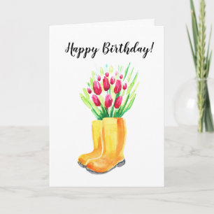 Tarjeta de cumpleaños feliz con tulipán de primave