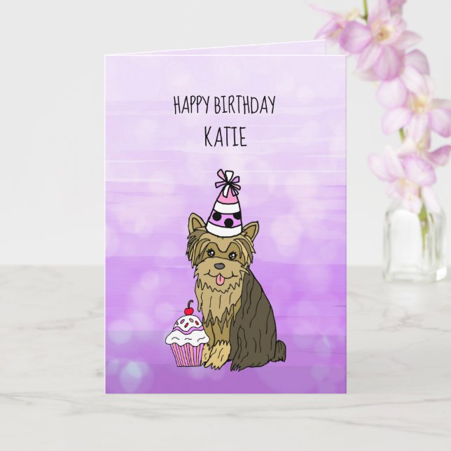 Tarjeta de cumpleaños feliz con Yorkie y Cupcake (Orquídea)