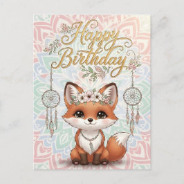 Tarjeta de cumpleaños feliz con zorro boho lindo y