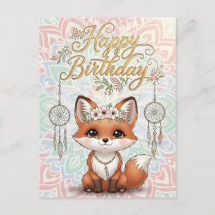 Tarjeta de cumpleaños feliz con zorro boho lindo y