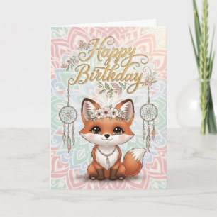 Tarjeta de cumpleaños feliz con zorro boho lindo y