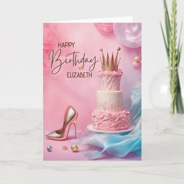 Tarjeta de cumpleaños feliz Corona y zapatos de ta (Anverso)