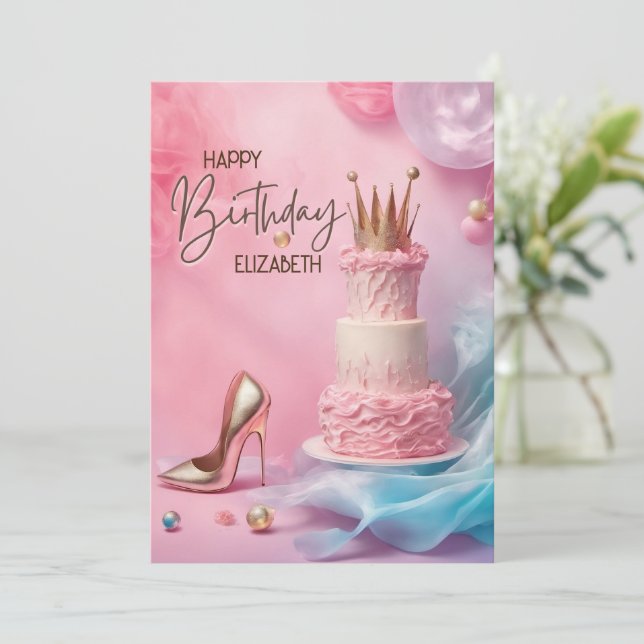 Tarjeta de cumpleaños feliz Corona y zapatos de ta (Anverso de pie)