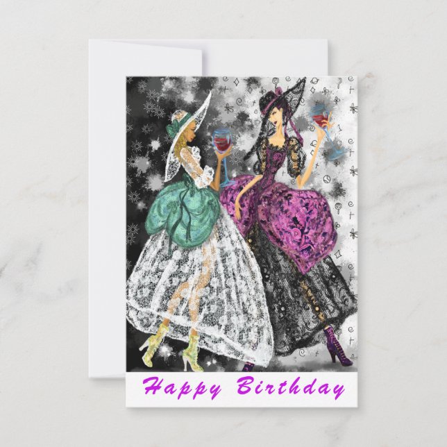 Tarjeta de cumpleaños feliz, damas tomando vino -  (Anverso)